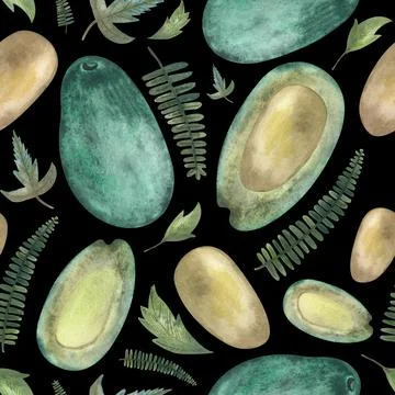 Watercolor seamless pattern design with avocado pieces and herbal leaves Stock Illustration