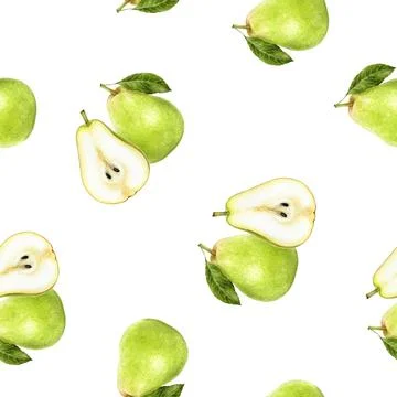 A watercolor seamless pattern design featuring fresh, vibrant green pears is Stock Illustration