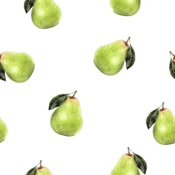 A watercolor seamless pattern design featuring fresh, vibrant green pears is Stock Illustration