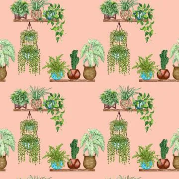 Watercolor Seamless pattern of different house plants. Hand drawn indoor gree 스톡 일러스트