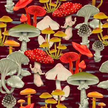 Watercolor seamless pattern with different mushrooms. Bright nature backgroun Stock Illustration