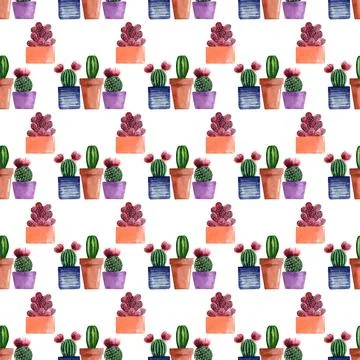 Watercolor seamless pattern with different types of cacti in multicolored pots Stock Illustration
