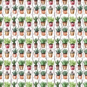 Watercolor seamless pattern with different types of cacti in pots Stock Illustration
