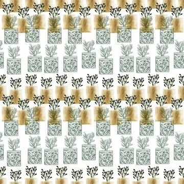 Watercolor seamless pattern with different types of cacti in pots Stock Illustration