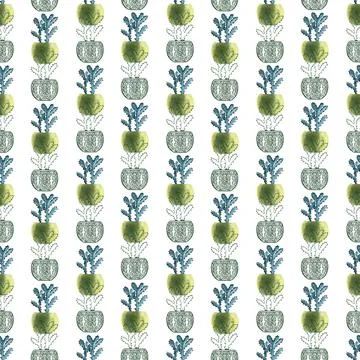 Watercolor seamless pattern with different types of cacti in pots Stock Illustration