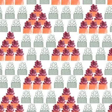 Watercolor seamless pattern with different types of cacti in pots Stock Illustration