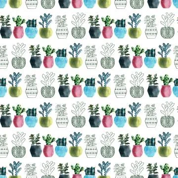 Watercolor seamless pattern with different types of cacti in pots Stock Illustration