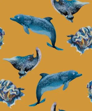Watercolor seamless pattern with dolphins, stingrays and shells in mustard Illustrazione stock