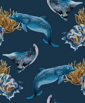 Watercolor seamless pattern with dolphins, stingrays and shells in navy blue Illustrazione stock