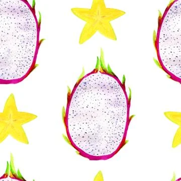 Watercolor seamless pattern with dragon fruit and carambola Illustrazione stock