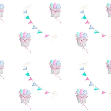 Watercolor seamless pattern with Easter bucket and colorful eggs colorful Stock Illustration