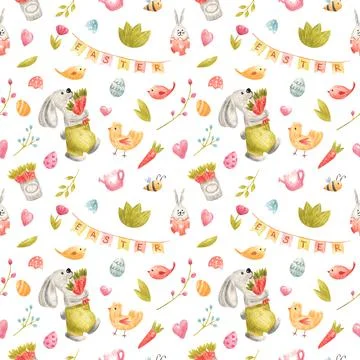 Watercolor seamless pattern with Easter Bunny. Spring kids illustration with  Stock Illustration