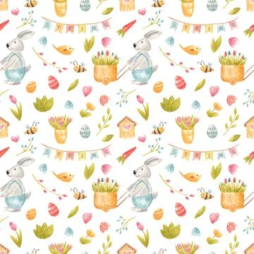 Watercolor seamless pattern with Easter Bunny. Spring kids illustration with  Stock Illustration