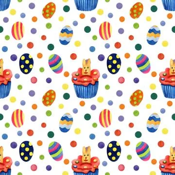 Watercolor seamless pattern with Easter cupcakes. 스톡 일러스트