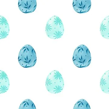 Watercolor seamless pattern with Easter painted eggs in blue colors 스톡 일러스트