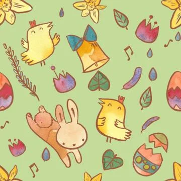 Watercolor seamless pattern on Easter theme. Easter background with bunny, Stock Illustration