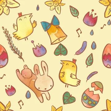 Watercolor seamless pattern on Easter theme. Easter background with bunny, Stock Illustration