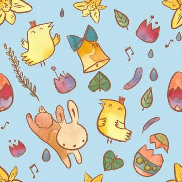 Watercolor seamless pattern on Easter theme. Easter background with bunny, Illustrazione stock