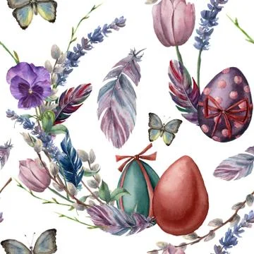 Watercolor seamless pattern with eggs and feathers. Hand painted vibrant Stock Illustration