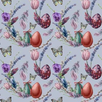 Watercolor seamless pattern with eggs and butterfly. Hand painted vibrant Stock Illustration