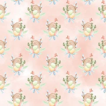 Watercolor seamless pattern with eggs, leaves, branches in pastel color on pink Stock Illustration