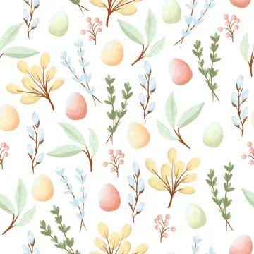 Watercolor seamless pattern with eggs, spring leaves and branches in pastele Stock Illustration