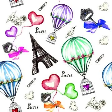 Watercolor seamless pattern with Eiffel Towel, hearts, hot air ballons,keys Stock Illustration