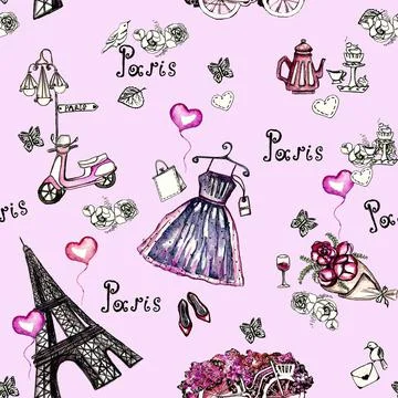 Watercolor seamless pattern with Eiffel Tower, hearts, dress, bicycle and floral Stock Illustration
