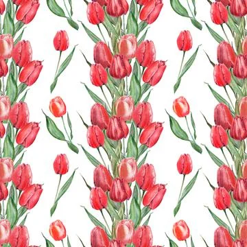 Watercolor seamless pattern with elegant red tulips Stock Illustration