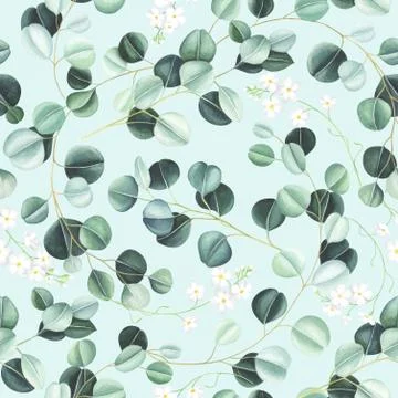 Watercolor seamless pattern with eucalyptus leaves and little white flowers. Stock Illustration