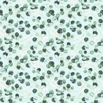 Watercolor seamless pattern with eucalyptus leaves and little white flowers. Stock Illustration