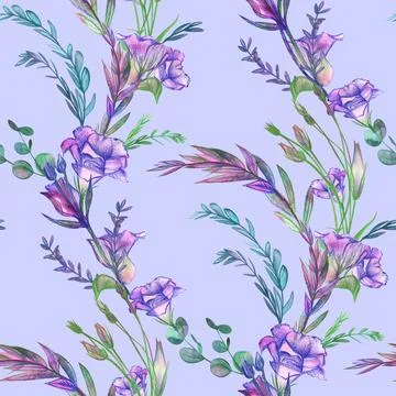 Watercolor Seamless pattern with eustoma flowers painted with watercolors Stock Illustration