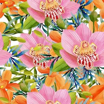 Watercolor seamless pattern of exotic flowers Stock Illustration