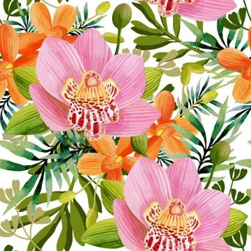 Watercolor seamless pattern of exotic flowers Illustrazione stock