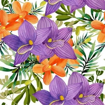 Watercolor seamless pattern of exotic flowers Stock Illustration