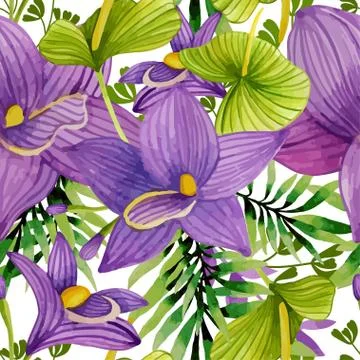 Watercolor seamless pattern of exotic flowers Stock Illustration