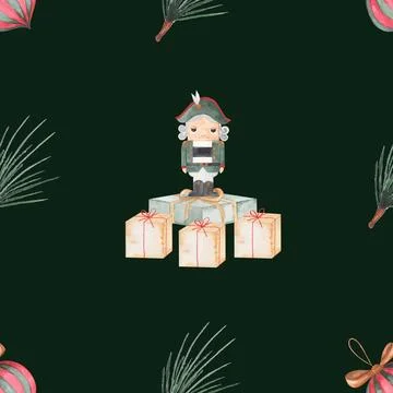 Watercolor seamless pattern fairytale nutcracker. magic pattern with nutcracker 스톡 일러스트