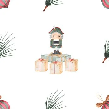 Watercolor seamless pattern fairytale nutcracker. magic pattern with nutcracker 스톡 일러스트