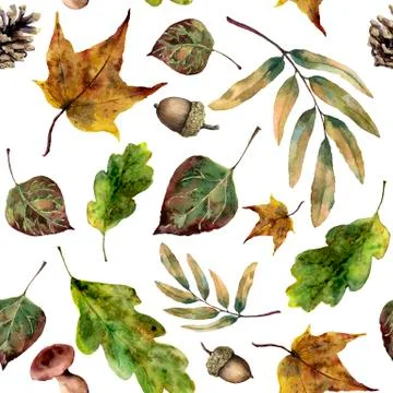 Watercolor seamless pattern with fall leaves. Hand painted green and yellow Stock Illustration