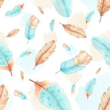 Watercolor seamless pattern with feathers.Hand drawn turquoise and light brown Stock Illustration