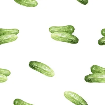A Watercolor Seamless Pattern Featuring Fresh Cucumbers Accompanied by Vibrant Stock Illustration