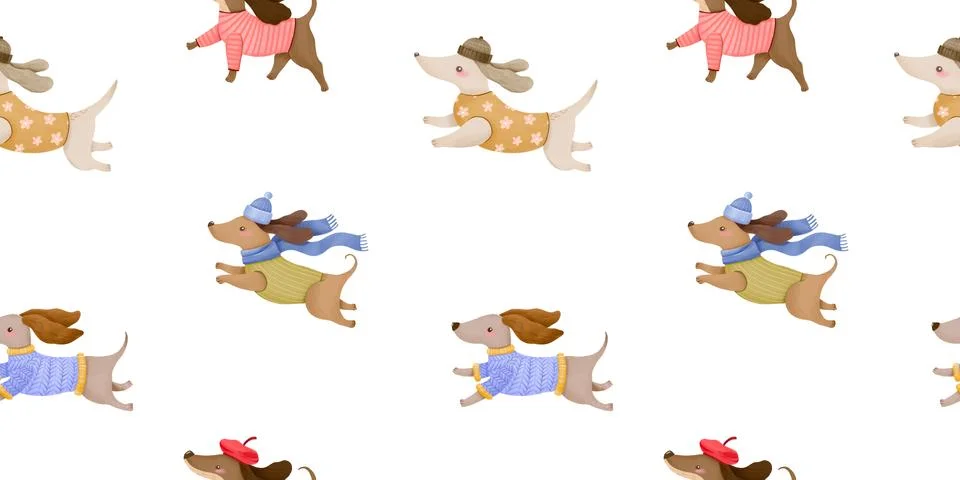 Watercolor seamless pattern featuring funny dressed dachshund dogs wearing .. Stock Illustration