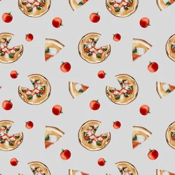 Watercolor seamless pattern featuring pizza slices and tomatoes on white ba.. Stock Illustration