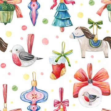 Watercolor seamless pattern featuring vintage Christmas ornaments, robin bi.. Stock Illustration