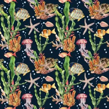 Watercolor seamless pattern with fish and laminaria branch. Hand painted Stock Illustration