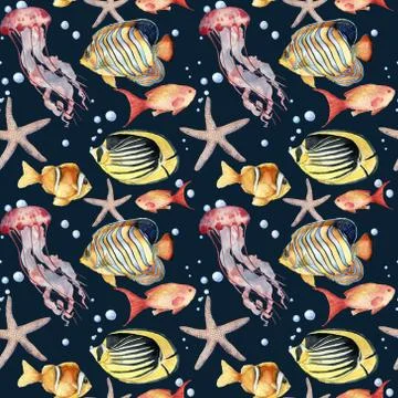 Watercolor seamless pattern with fish on blue background. Hand painted tropical Stock Illustration