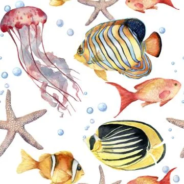 Watercolor seamless pattern with fish. Hand painted tropical fish, starfish Stock Illustration