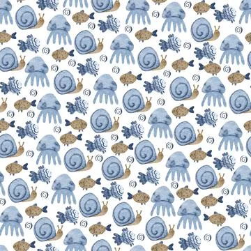Watercolor seamless pattern with  fish, snails, jellyfish and seashells. イラスト素材