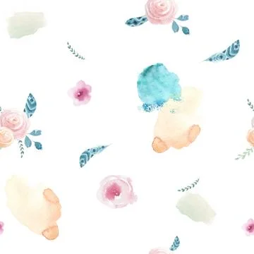 Watercolor seamless pattern with floral elements and dot memphis Illustrazione stock