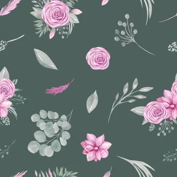 Watercolor seamless pattern of floral elements on a dark green background Pin Illustrazione stock
